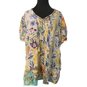 Johnny Was Floral 100% Silk Tunic Blouse Boho Cottagecore Small Spring Feminine